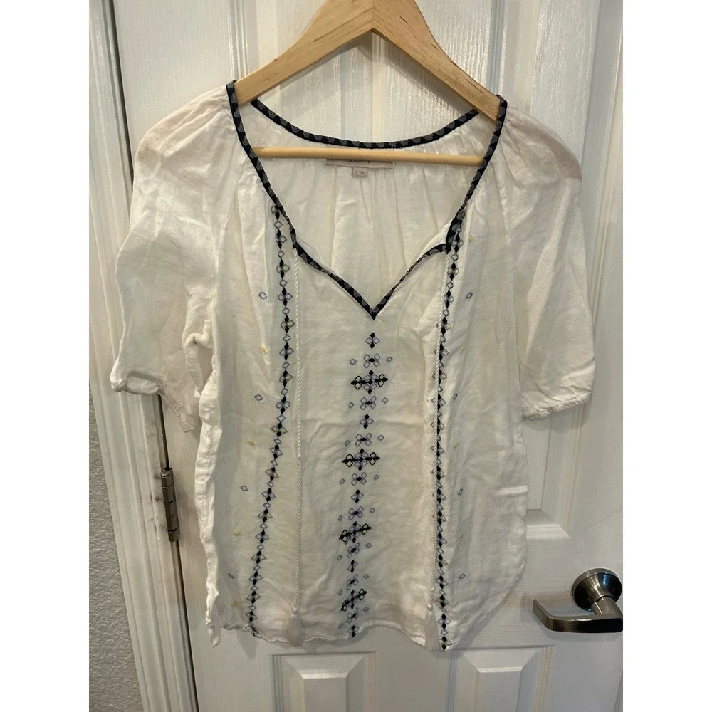 LOFT Blouse White Embroidered V-Neck Tassel Cotton Boho Summer Top Small